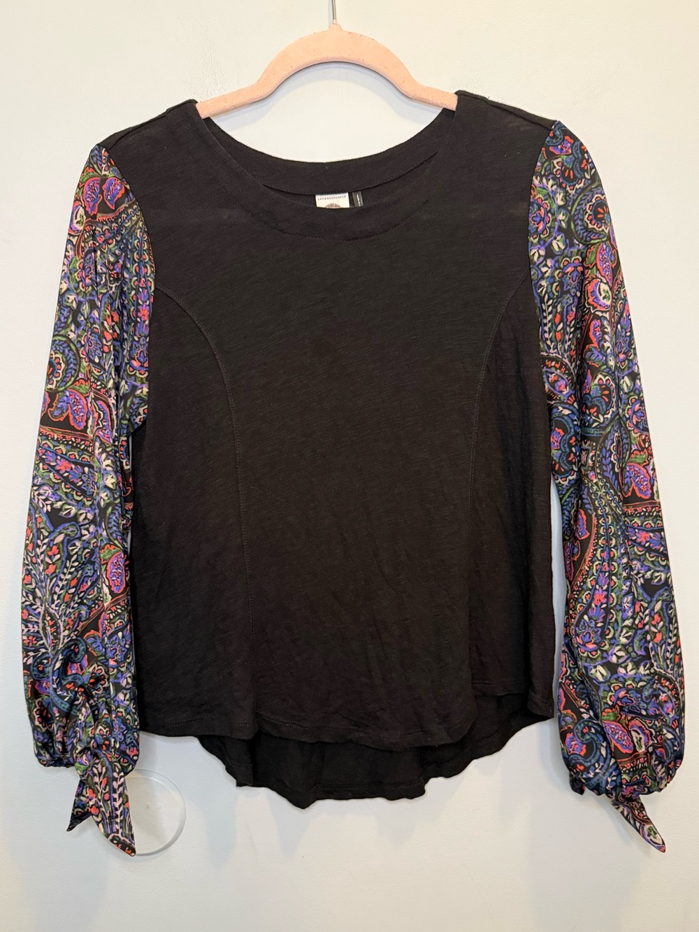 Anthropologie Akemi + Kin Maybelle Paisley Tied Balloon Sleeve Top Black XS Boho